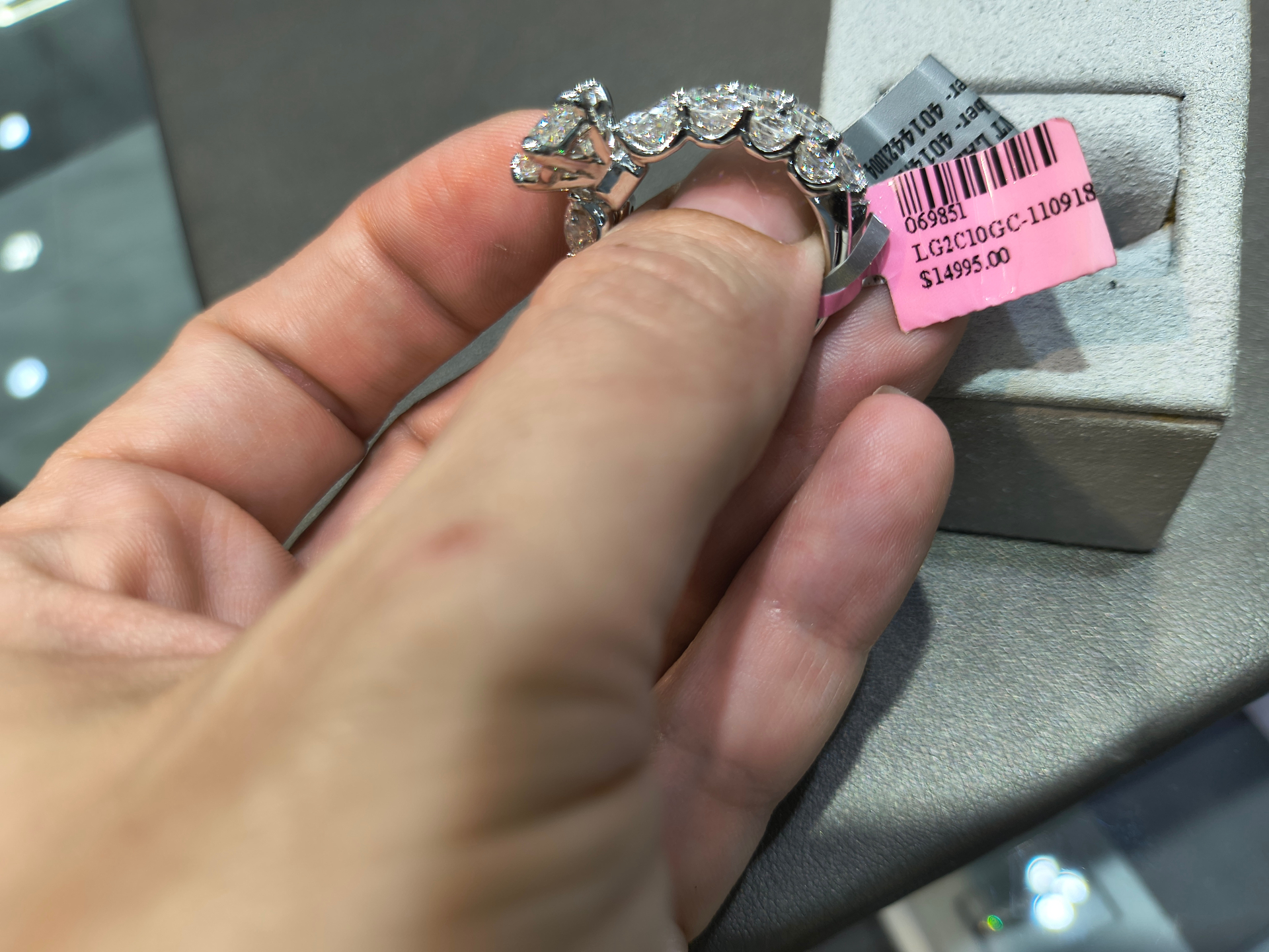 White gold eternity band with lab grown diamonds, side profile